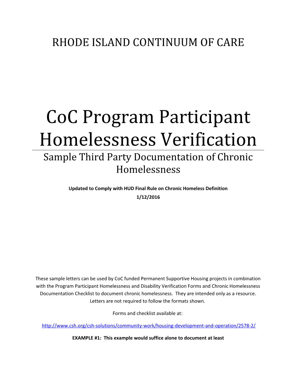 Coc Program Participant Homelessness Verification