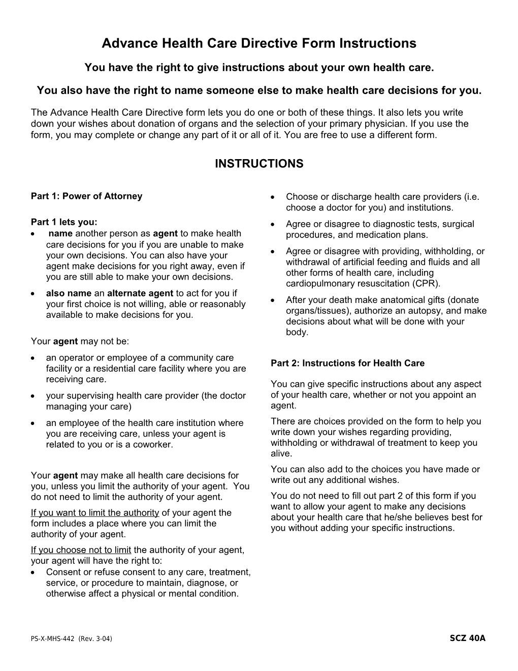 Advance Health Care Directive Form Instructions