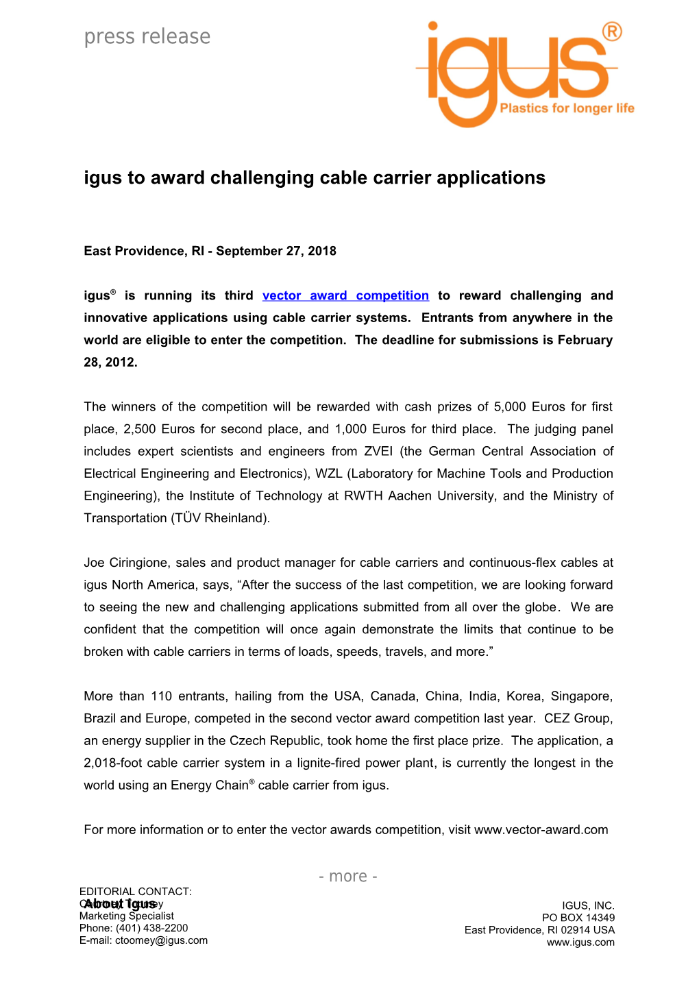 Igus to Award Challenging Cable Carrier Applications