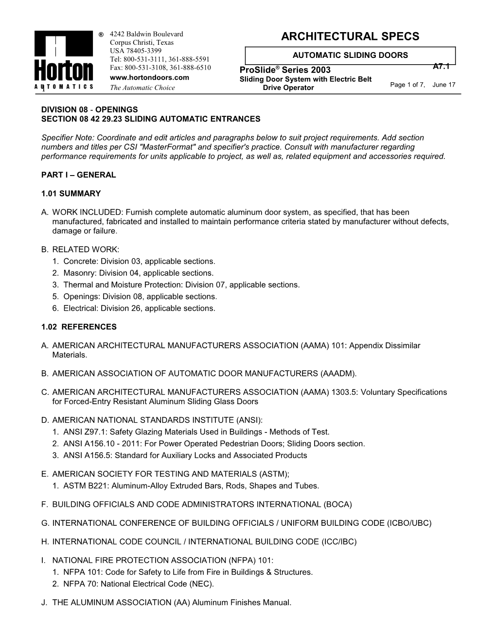 Section 08 42 29.23 Sliding Automatic Entrances