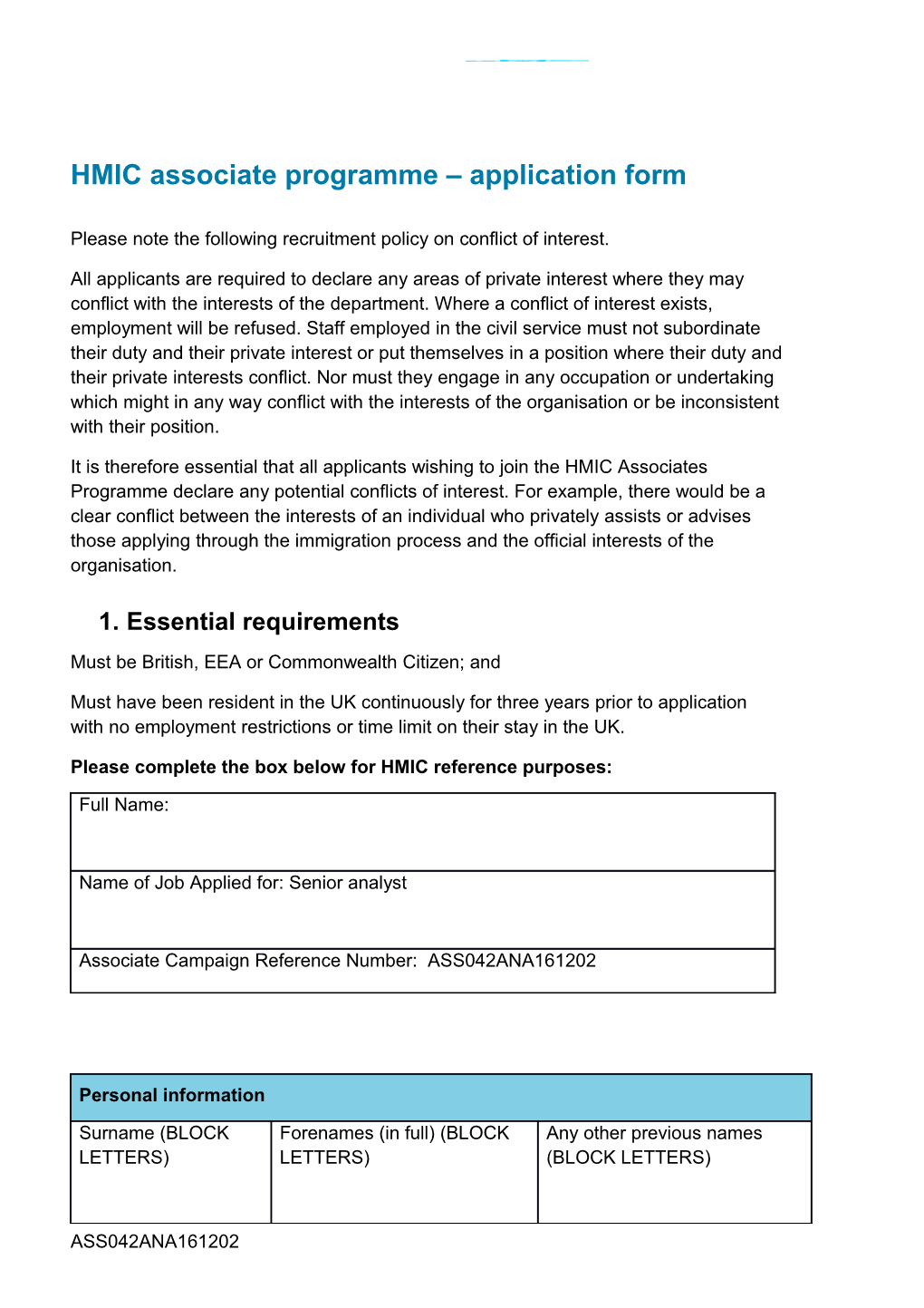 HMIC Associate Programme Application Form