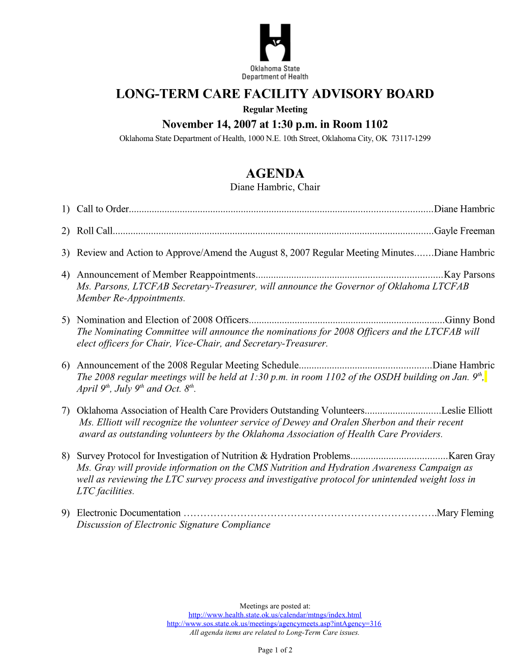LTC Facility Advisory Board Agenda