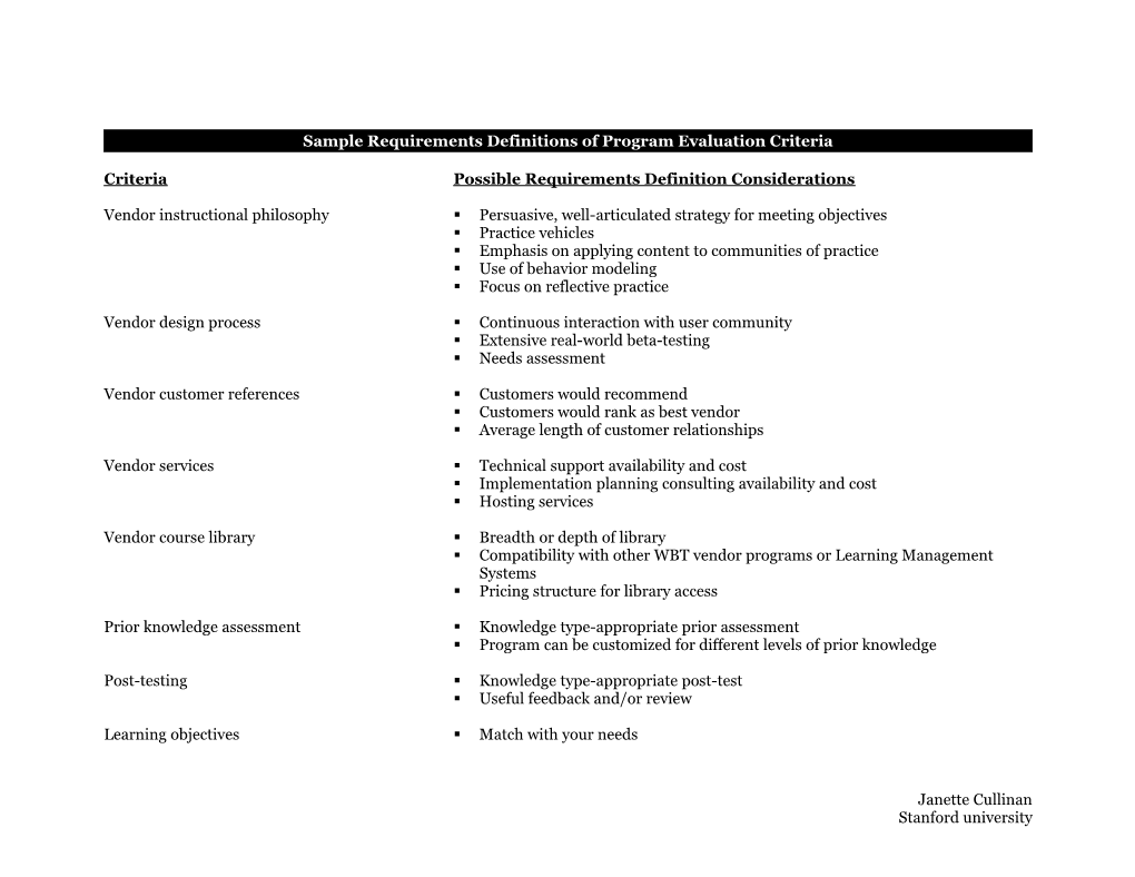 Sample Definitions of Program Evaluation Criteria