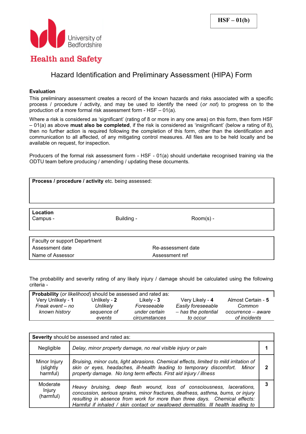 Hazard Identification and Preliminary Assessment (HIPA) Form
