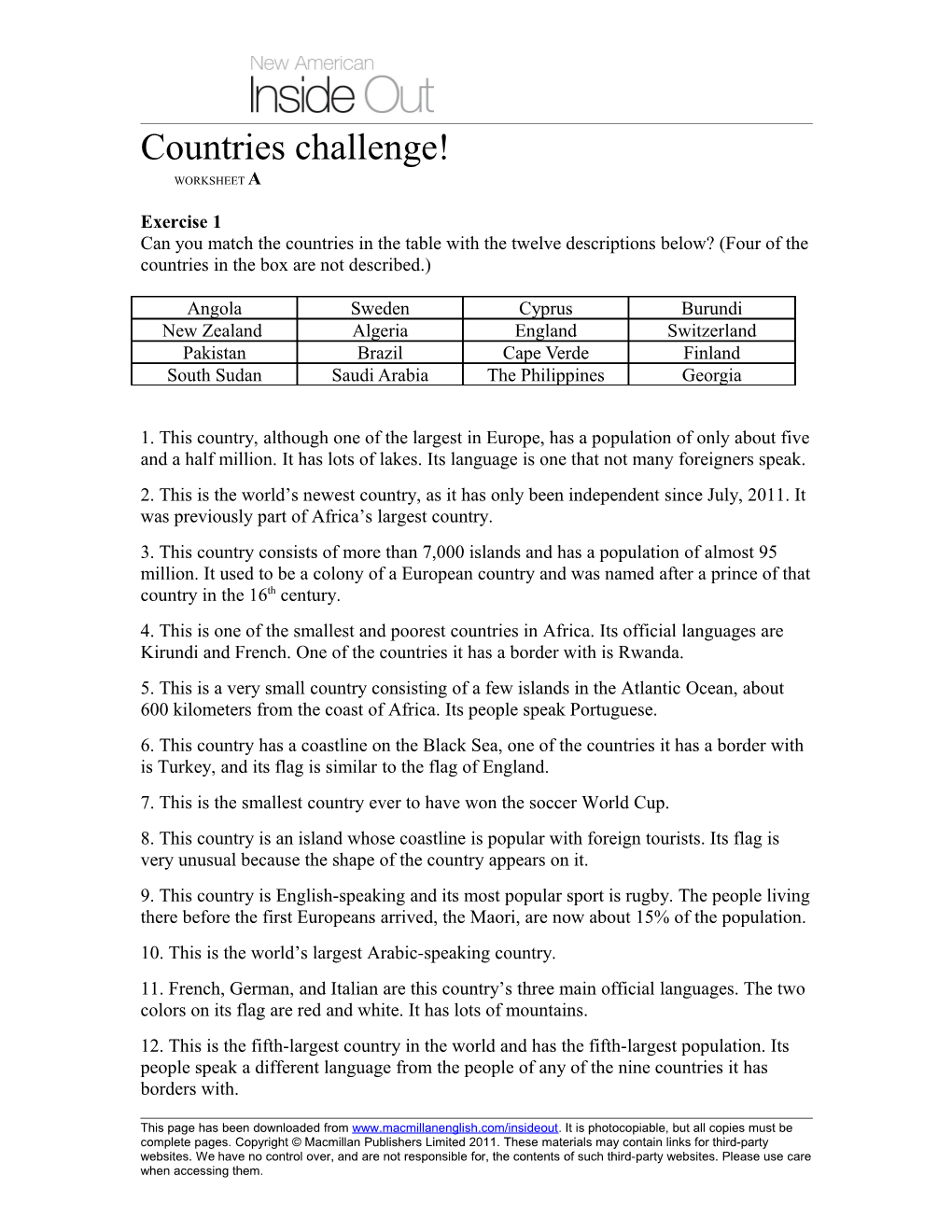 Countries Challenge! Worksheet A
