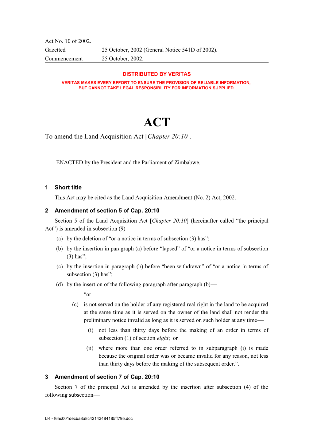 Land Acquisition Amendment (No. 2) Act 10/2002
