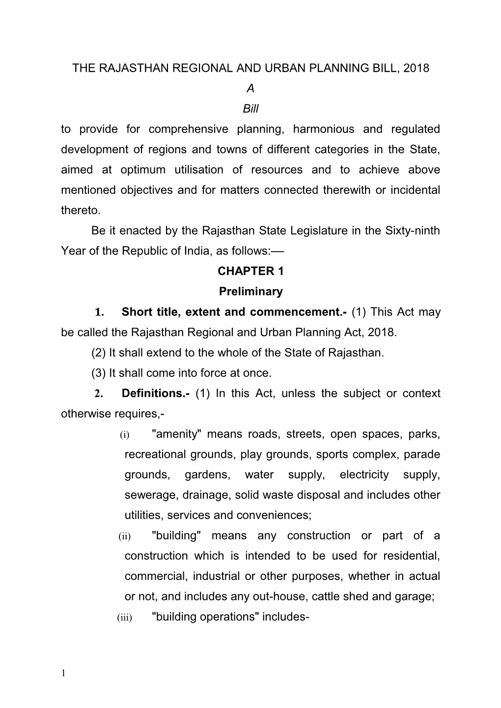 The Rajasthan Regional and Urban Planning Bill, 2018