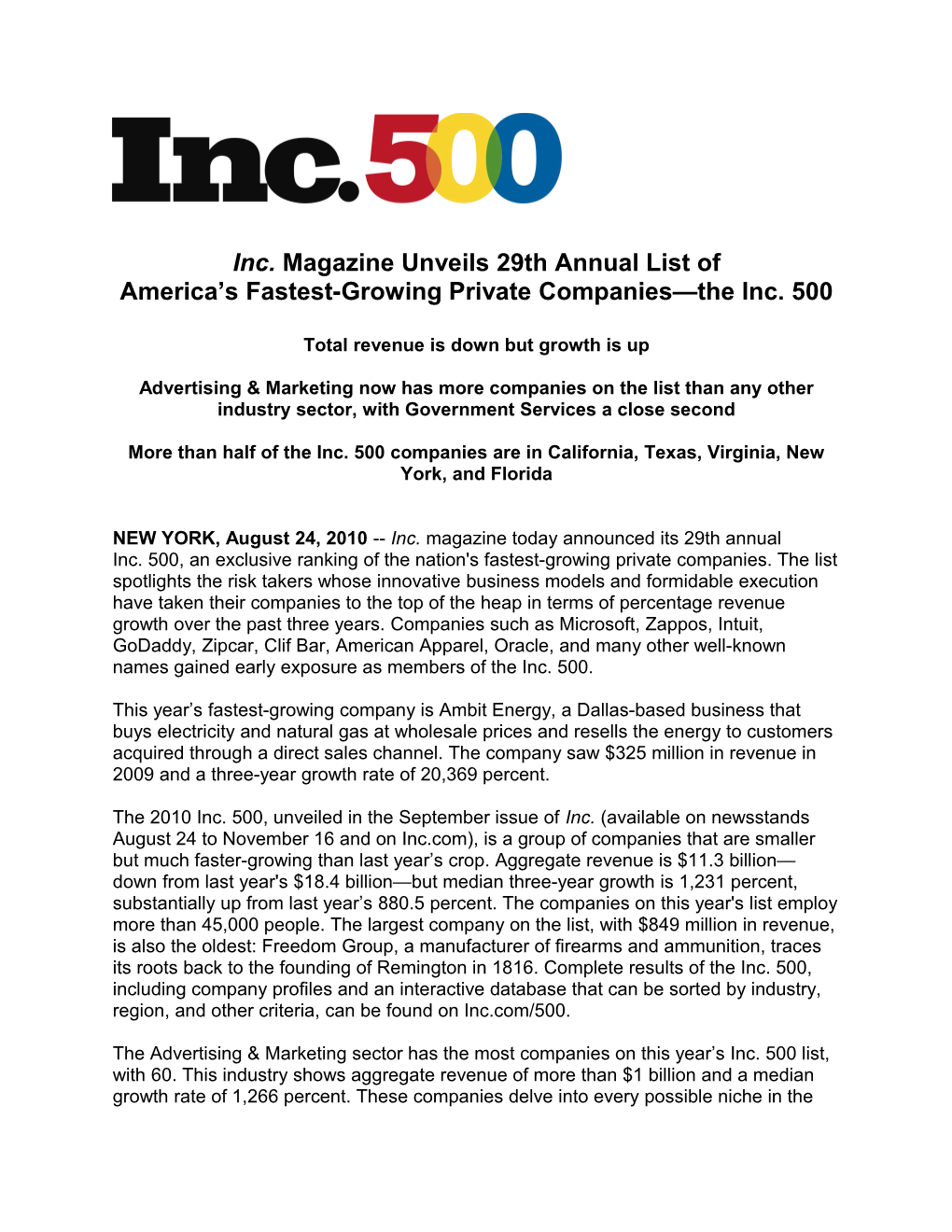 America S Fastest-Growing Private Companies the Inc. 500