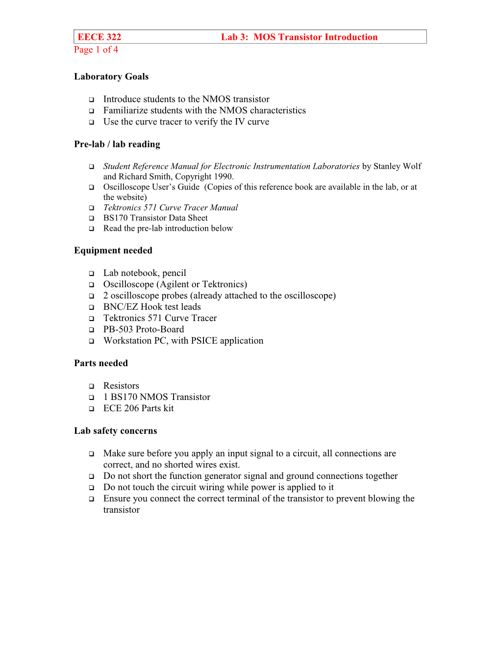 EECE 322 Lab 3: MOS Transistor Introduction