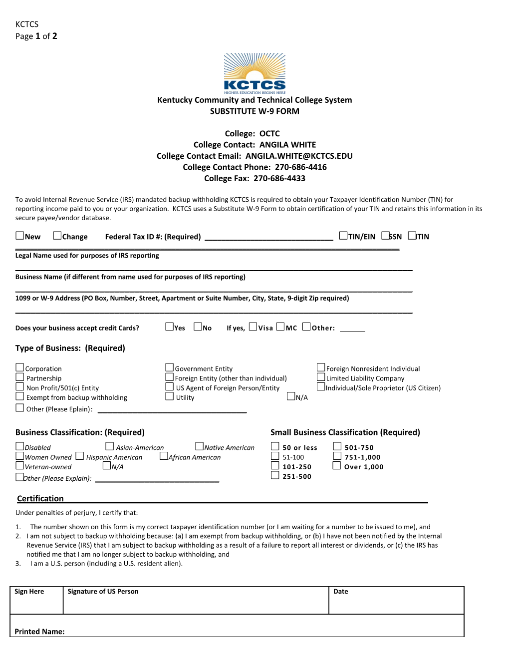 Kentucky Community and Technical College System SUBSTITUTE W-9 FORM