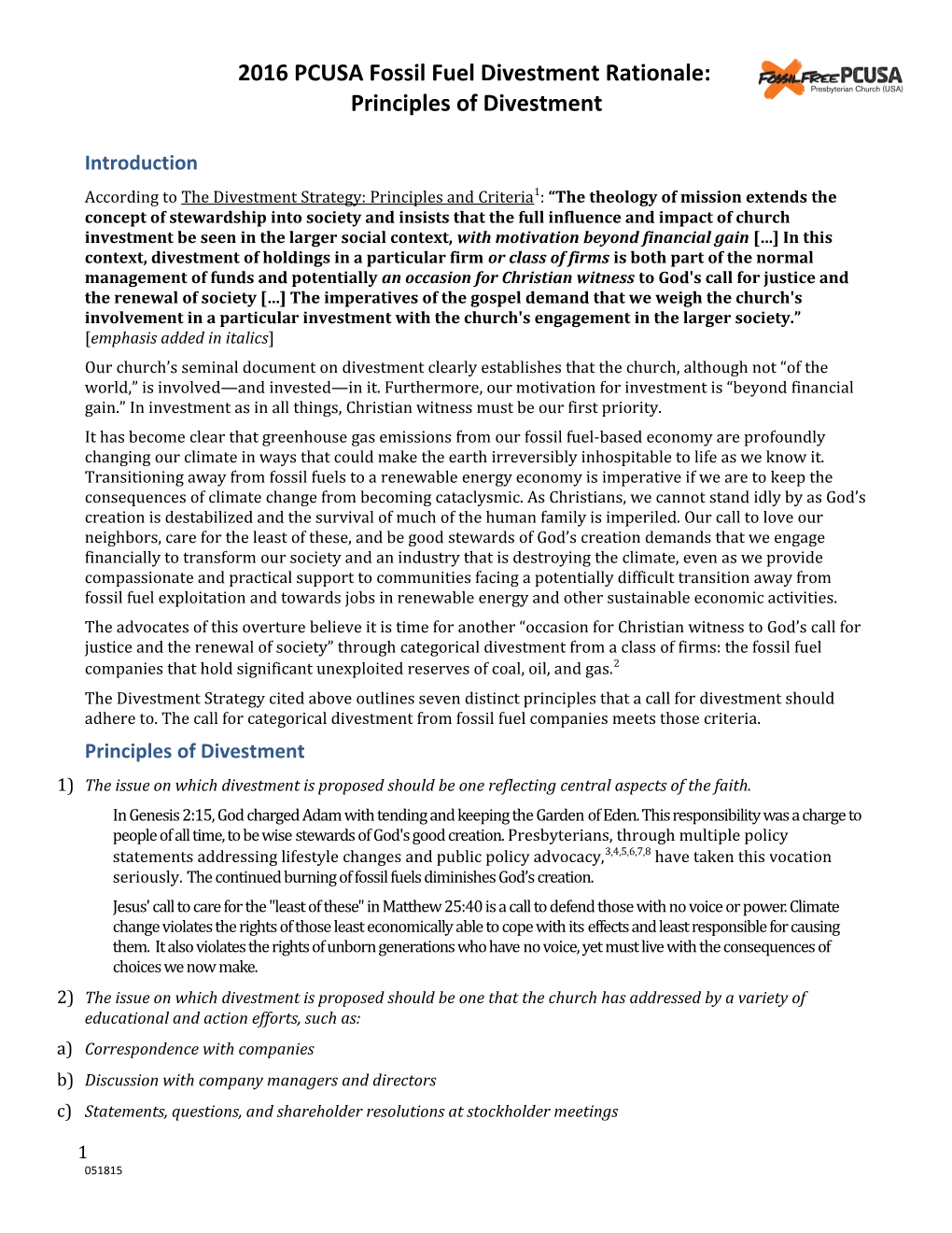 2016 PCUSA Fossil Fuel Divestment Rationale