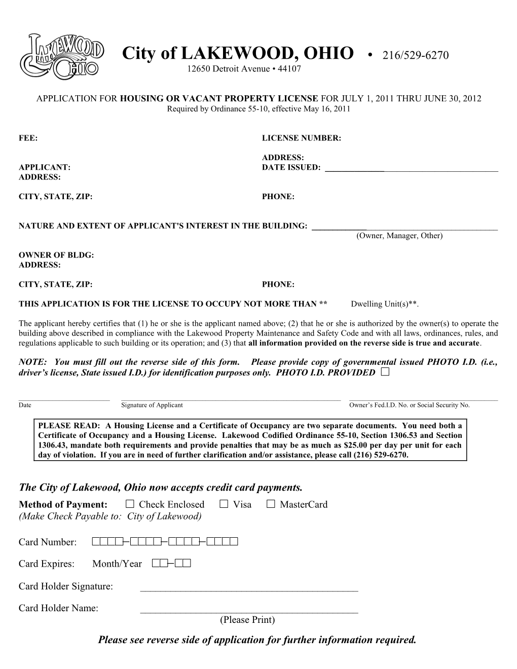 Application for Housing Or Vacant Property License for July 1, 2011 Thru June 30, 2012