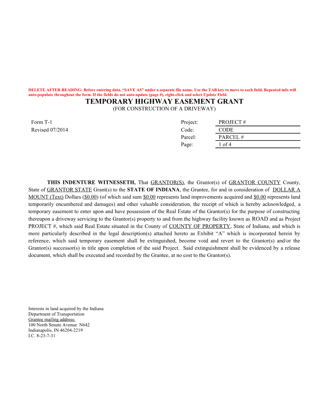 Temporary Highway Easement Grant