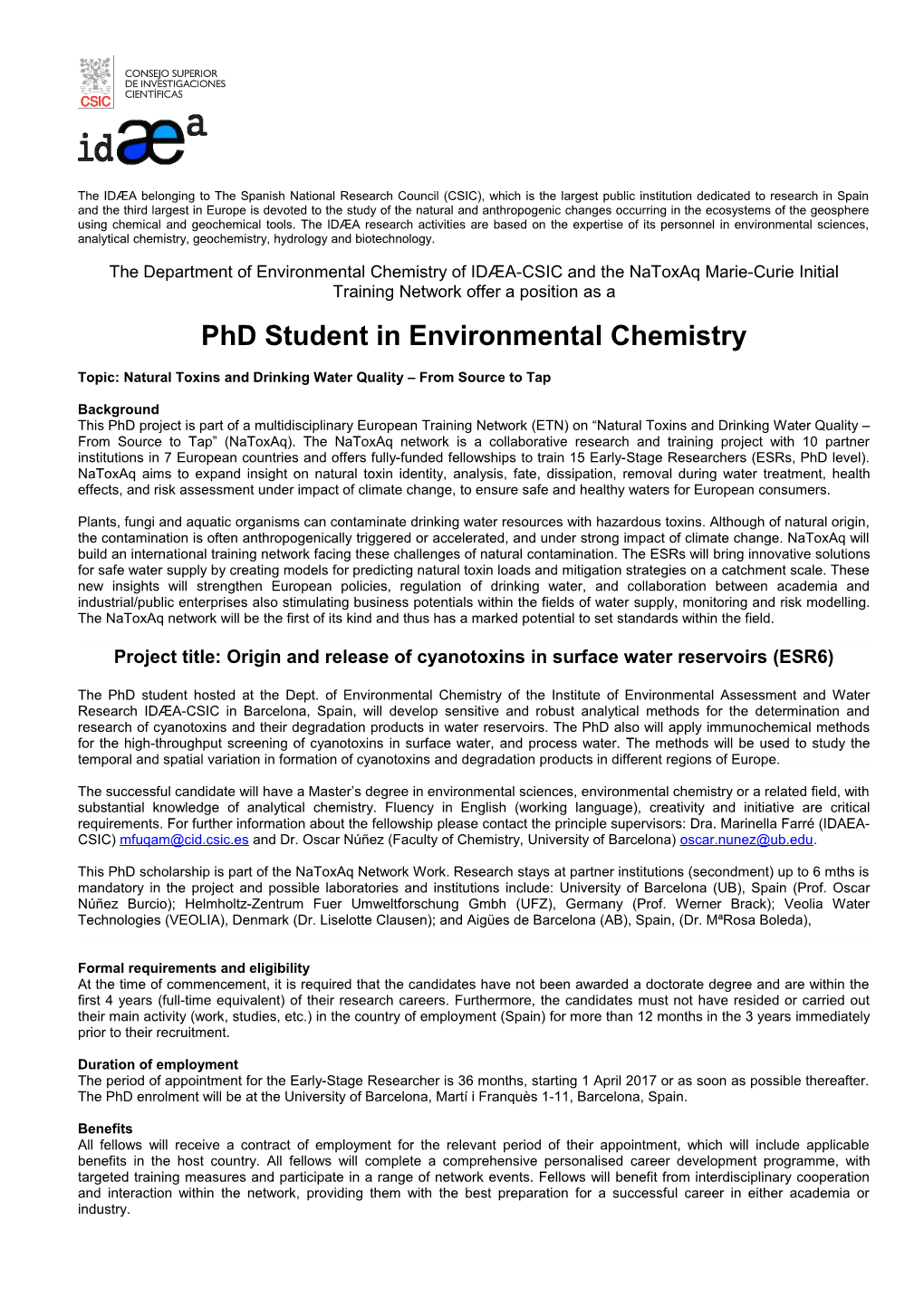 Phd Student in Environmental Chemistry
