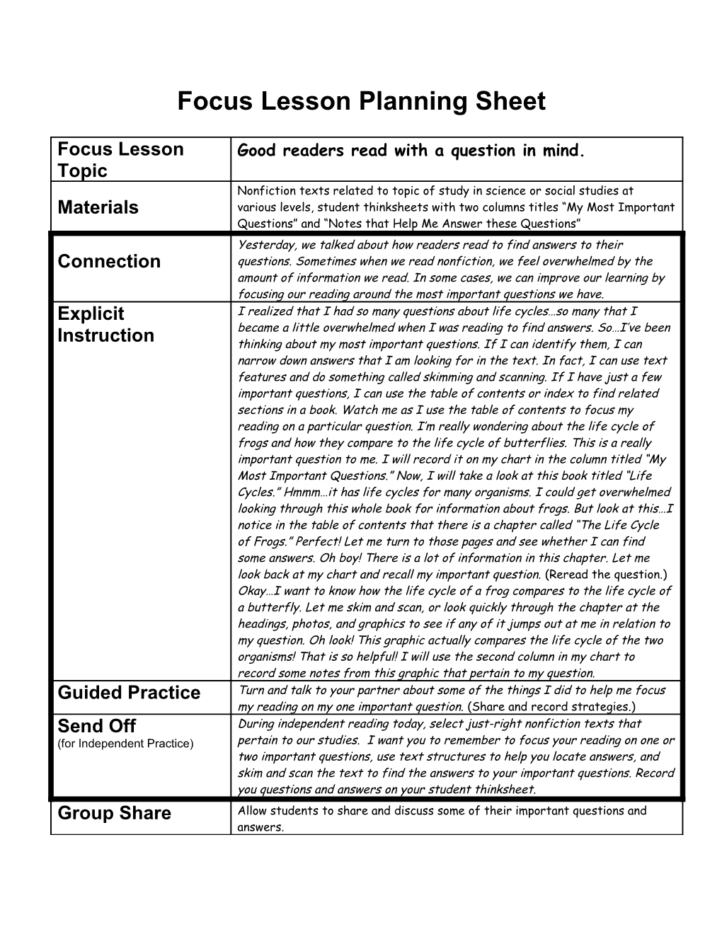Focus Lesson Planning Sheet s9