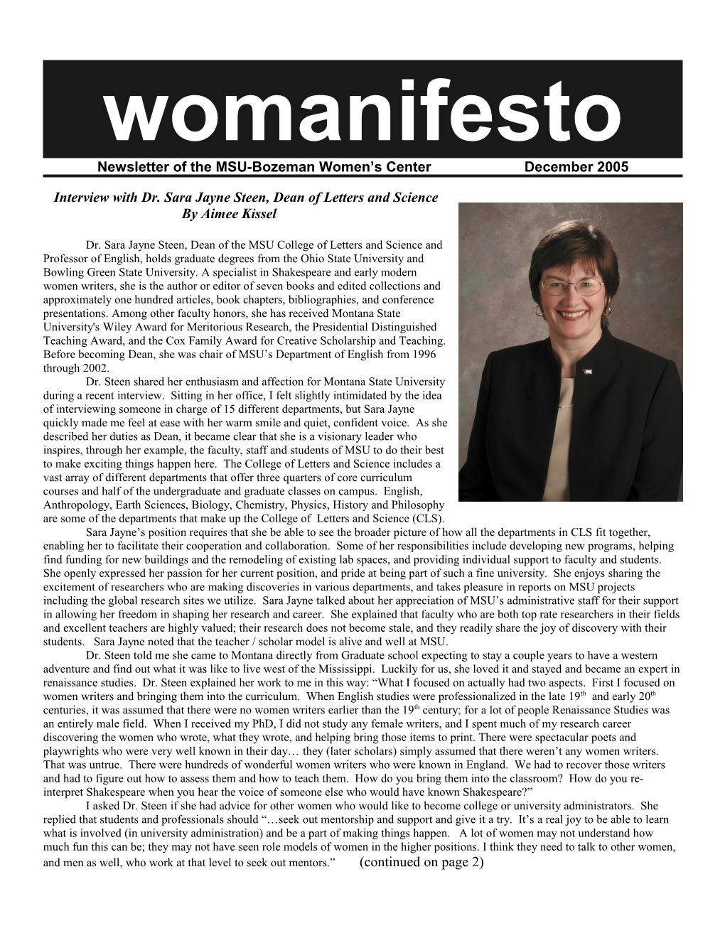 Newsletter of the MSU-Bozeman Women S Center December 2005