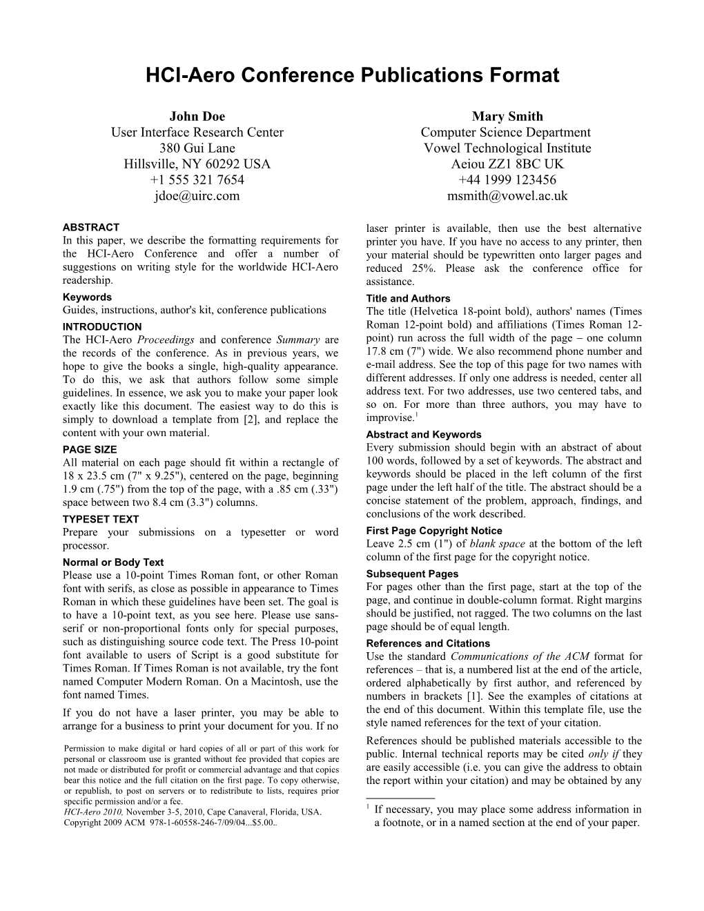 HCI-Aero Conference Publications Format