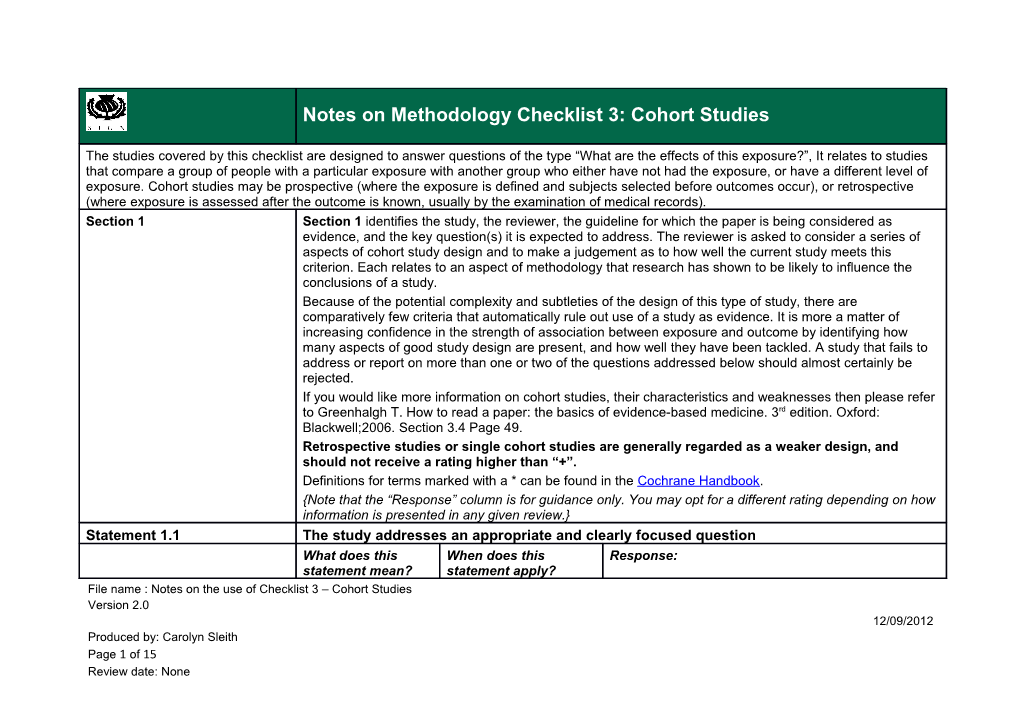 Notes on Methodology Checklist 3: Cohort Studies