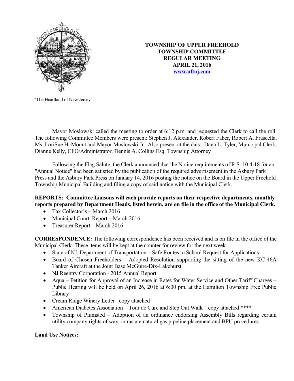 Upper Freehold Township Committee Regular Meeting April 21, 2016