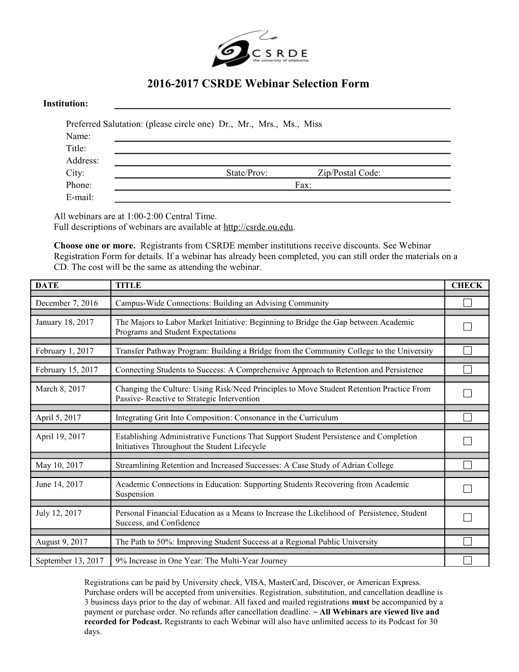 2016-2017 CSRDE Webinar Selection Form