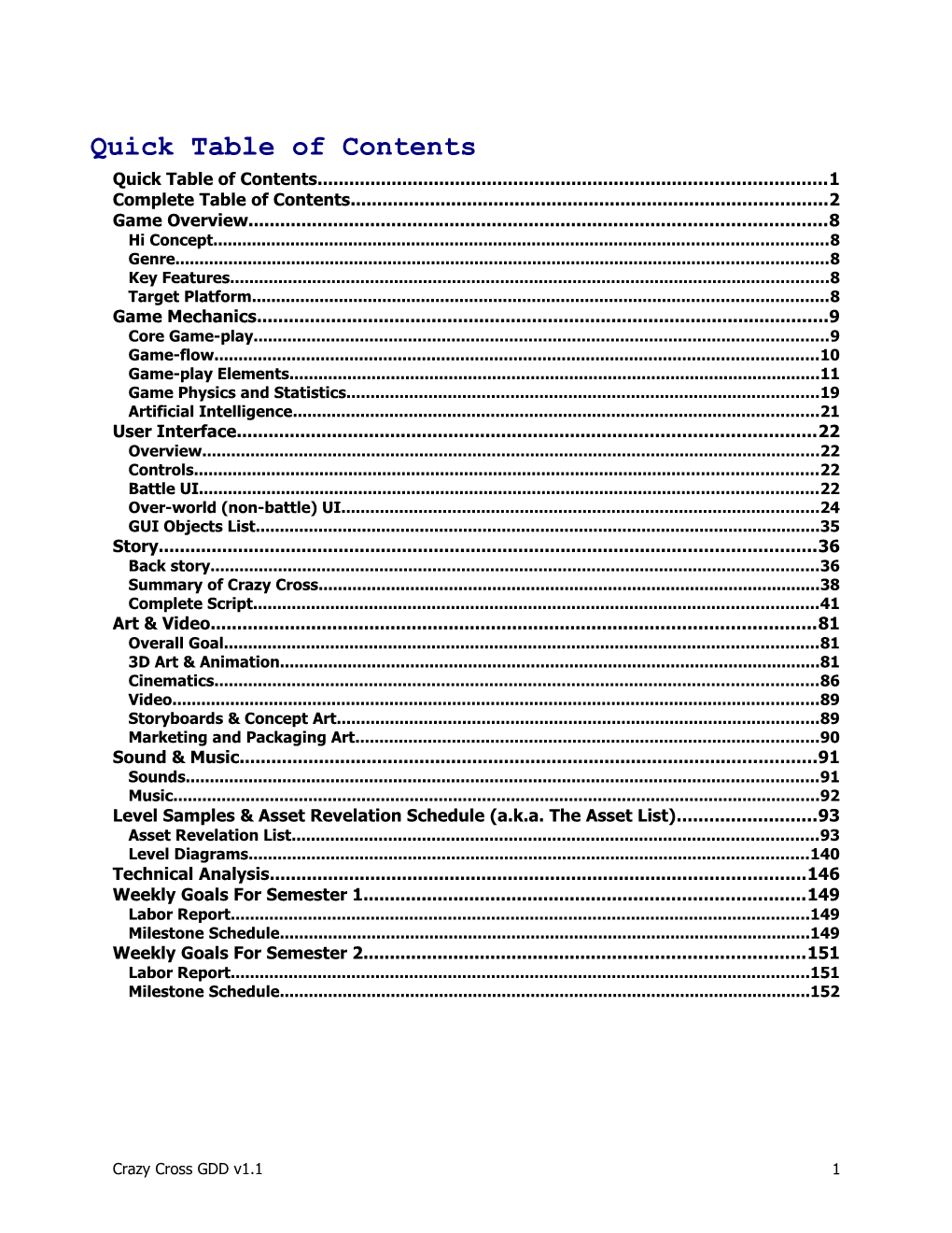 Quick Table of Contents s1