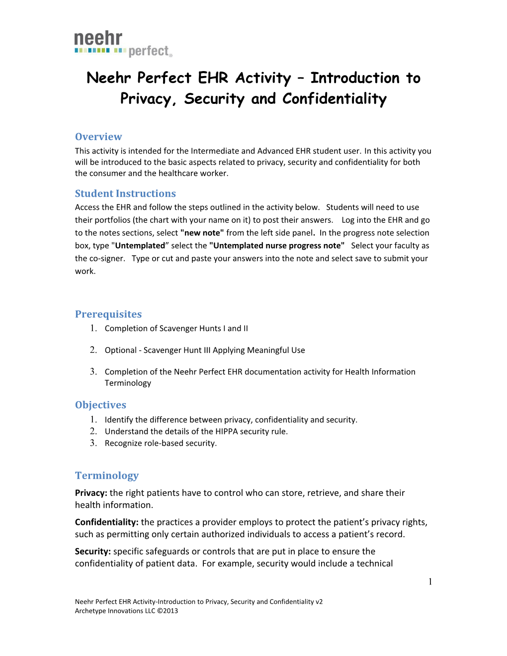 Neehr Perfect EHR Activity Introduction to Privacy, Security and Confidentiality