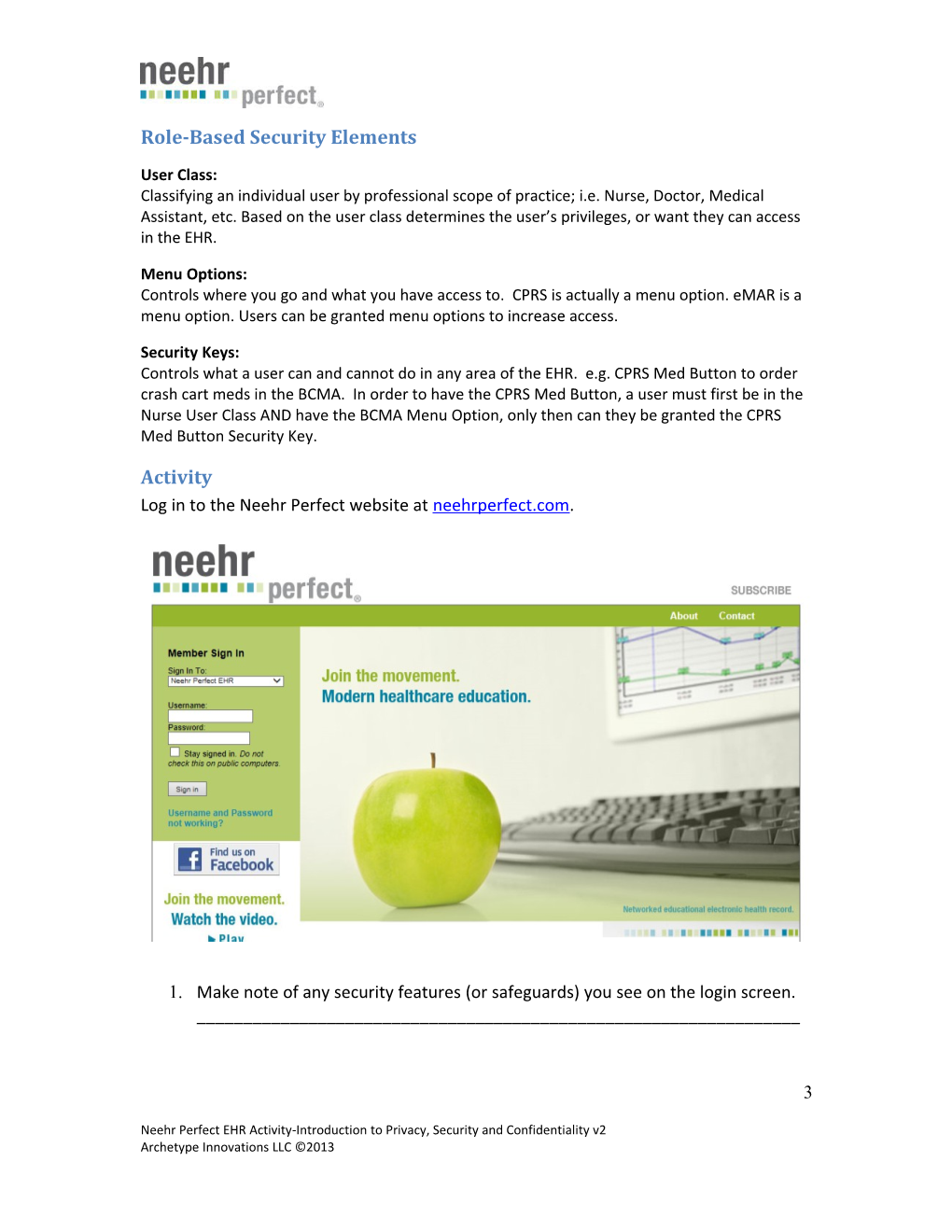 Neehr Perfect EHR Activity Introduction to Privacy, Security and Confidentiality