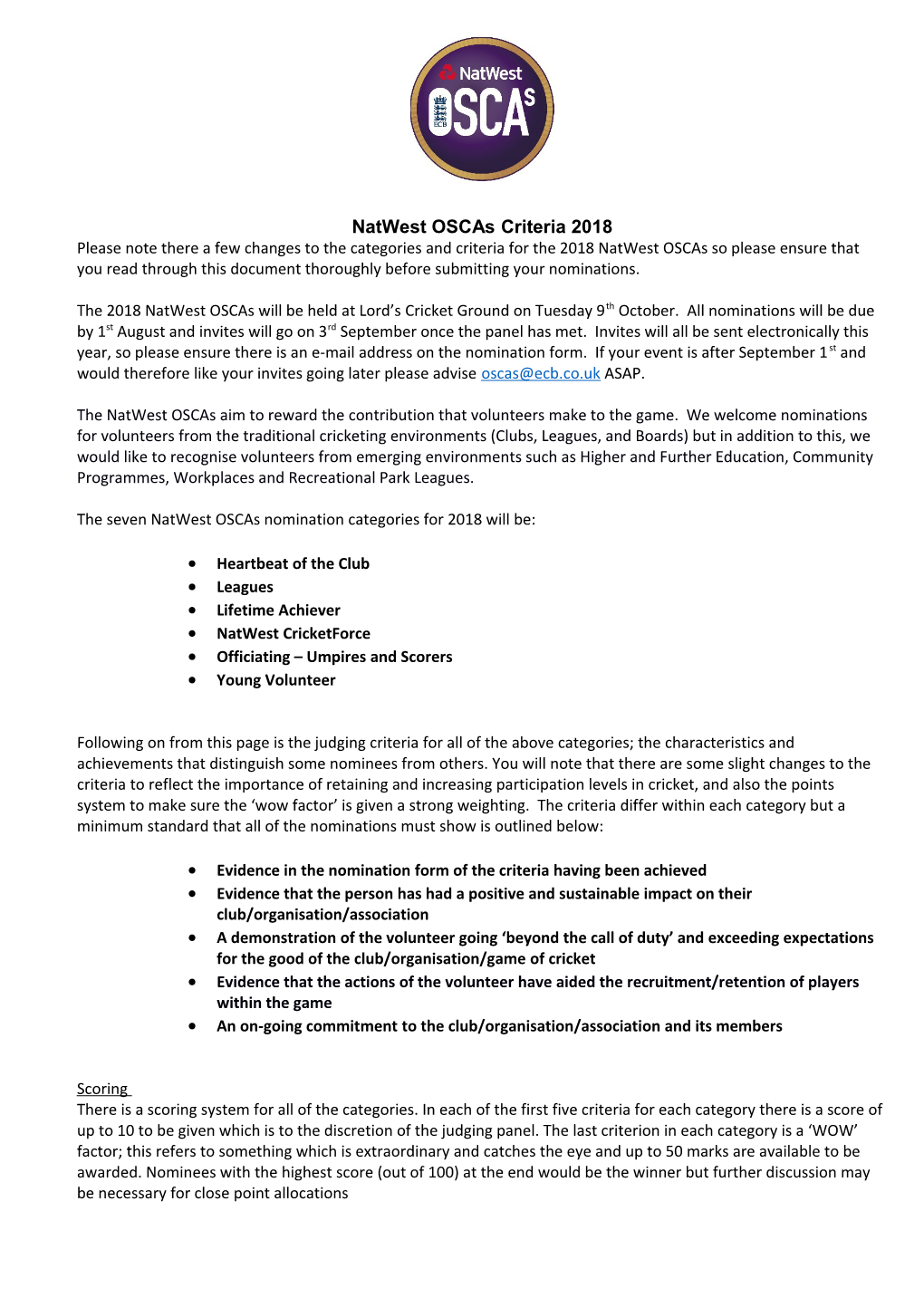 Natwest Oscas Criteria 2018