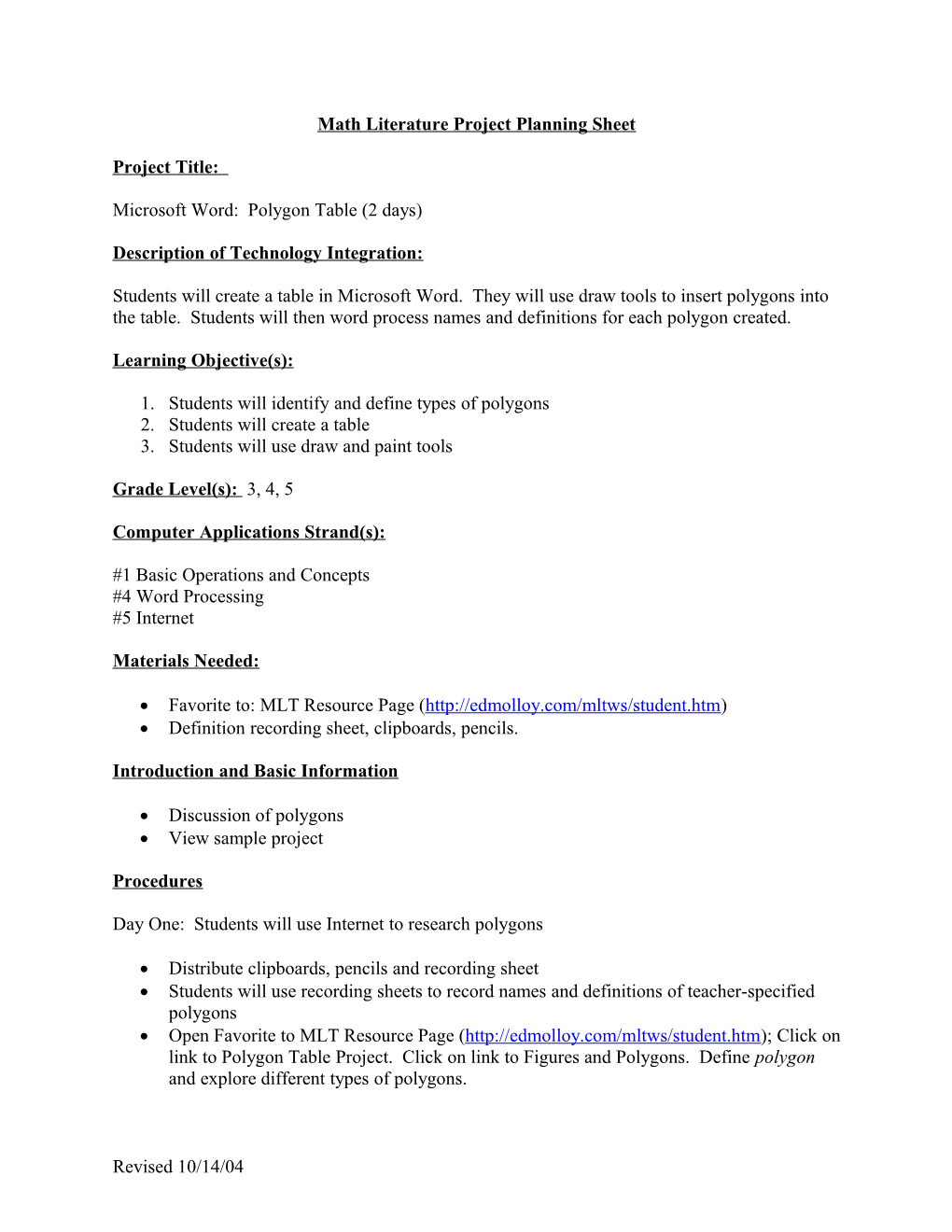 Math Literature Project Planning Sheet