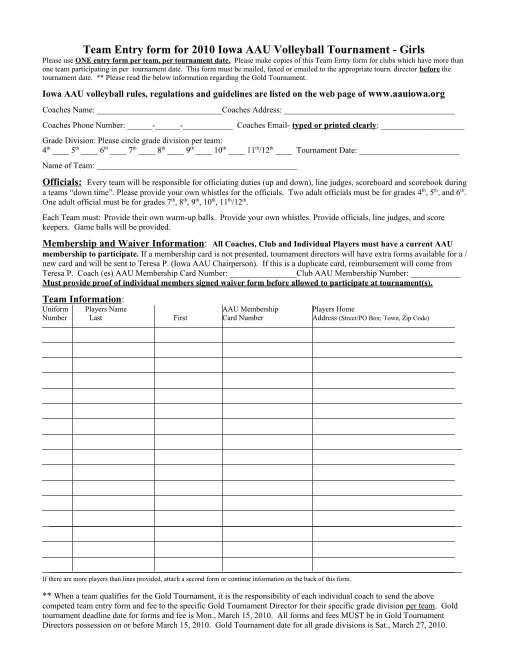 Entry Form for AAU Tournaments