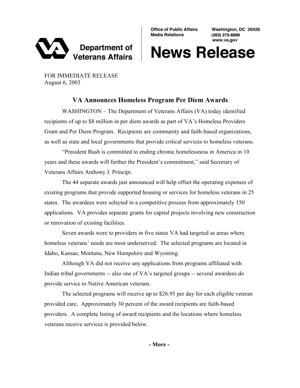 VA Announces Homeless Program Per Diem Awards