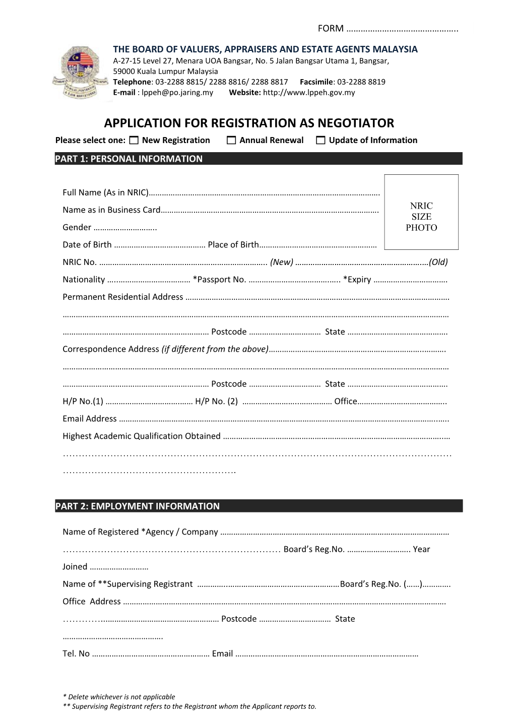 Application for Registration As Negotiator