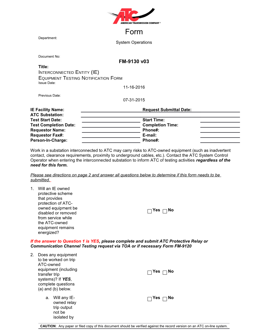 Interconnected Entity Equipment Testing Notification Form FM-9130