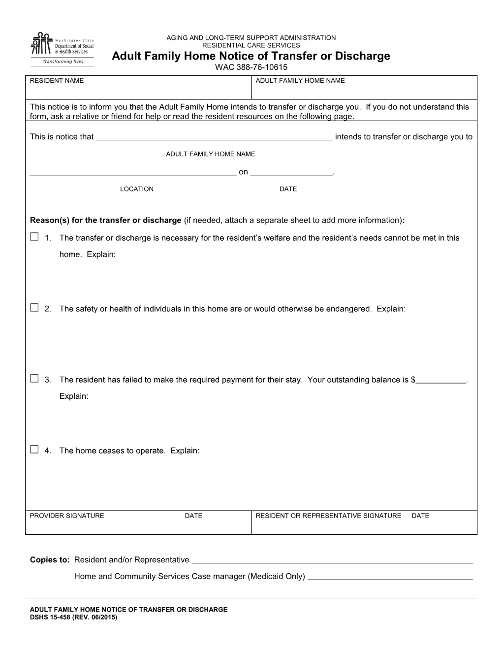 Adult Family Home Notice of Transfer Or Discharge