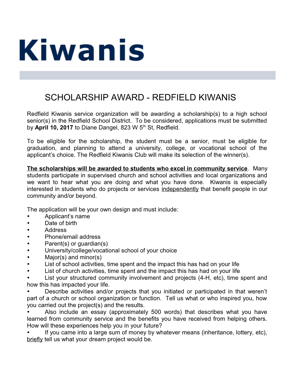 Scholarship Award - Redfield Kiwanis