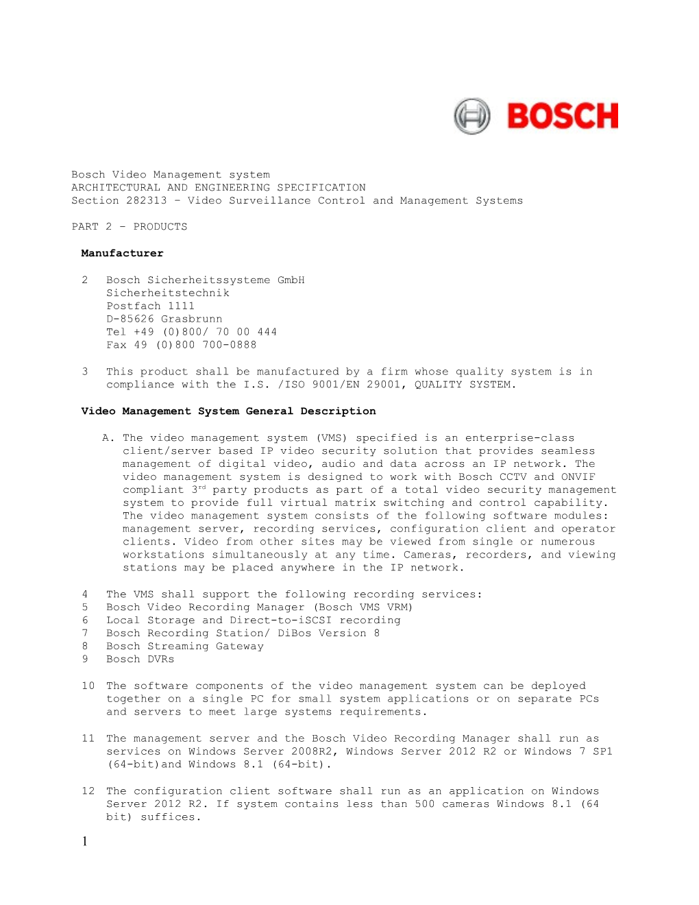 Bosch VMS A&E Specifications