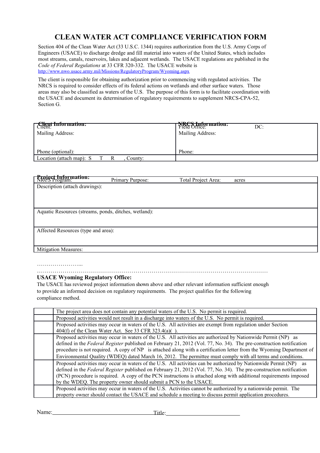 Clean Water Act Compliance Verification Form