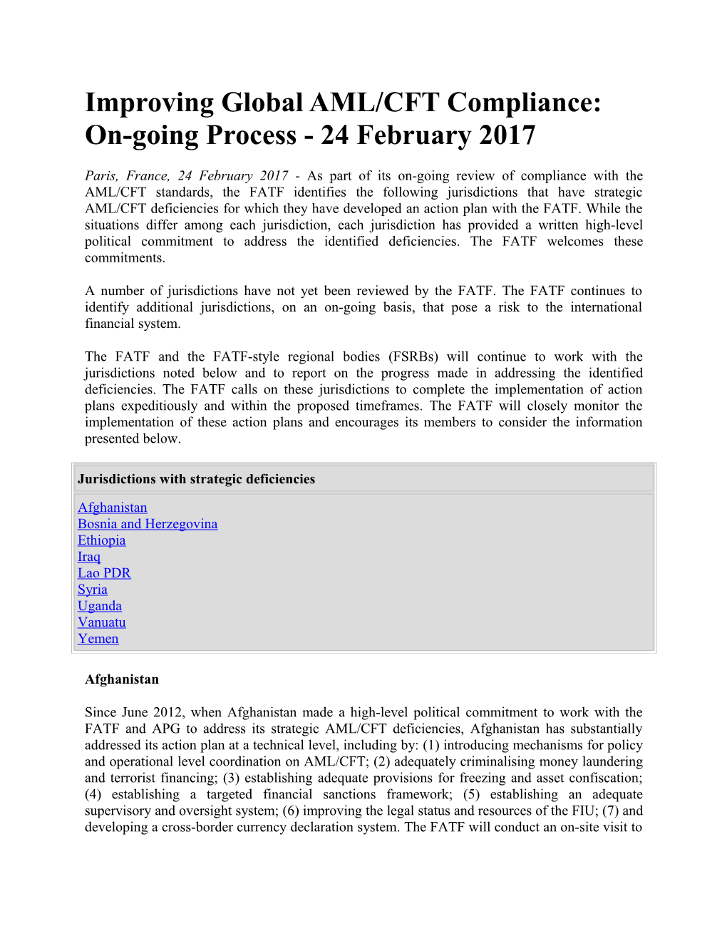 Improving Global AML/CFT Compliance: On-Going Process - 24 February 2017