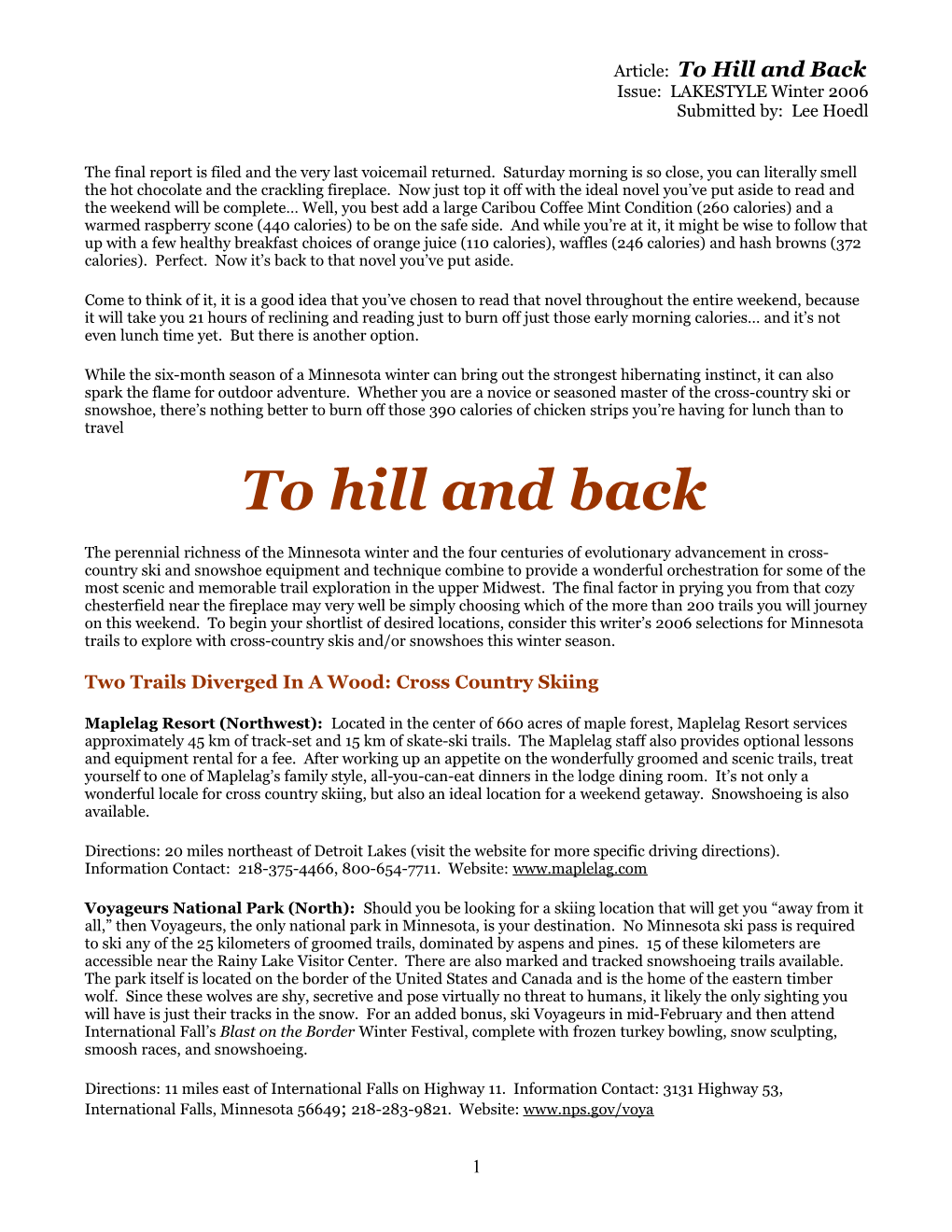 Article: to Hill and Back