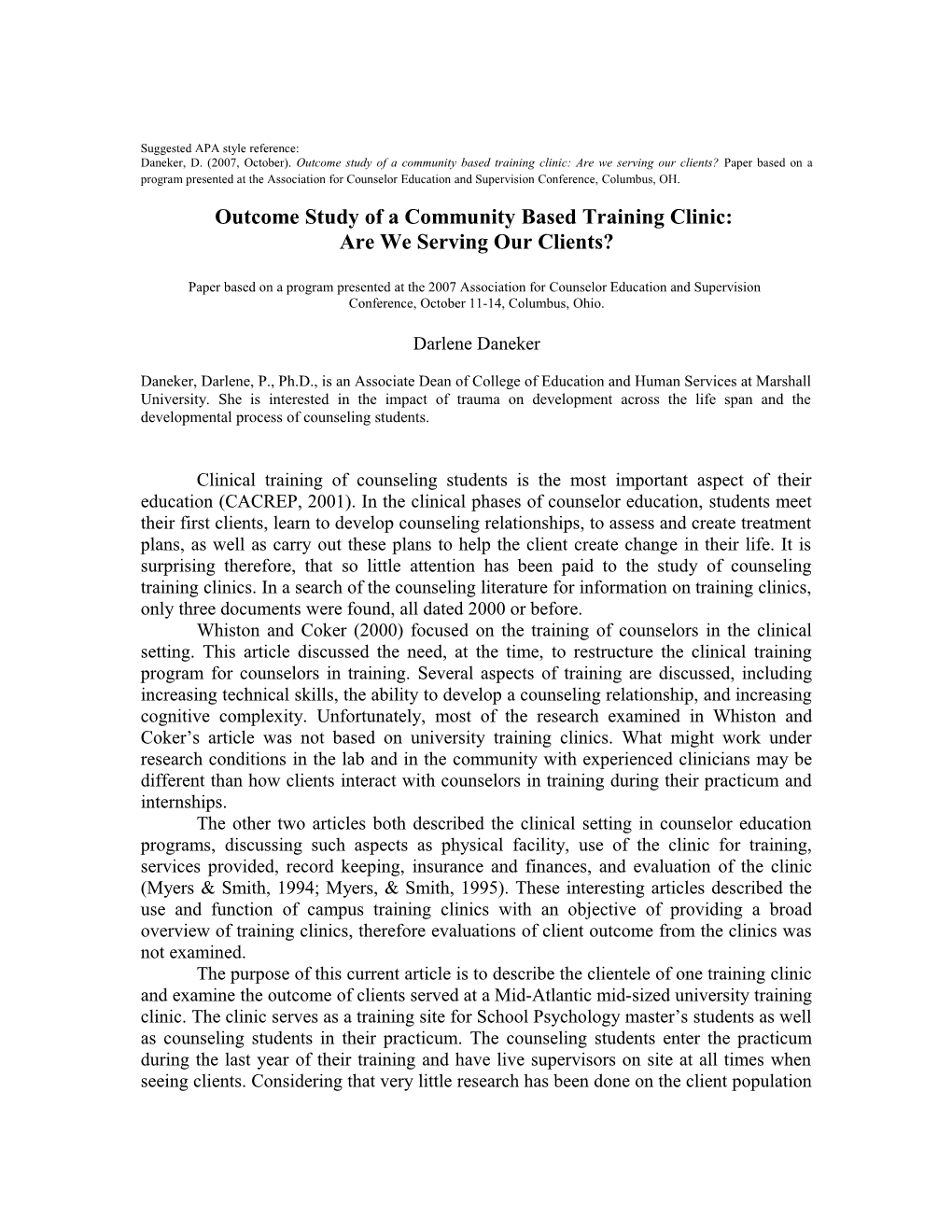 Outcome Study of a Community Based Training Clinic: Are We Serving Our Clients?