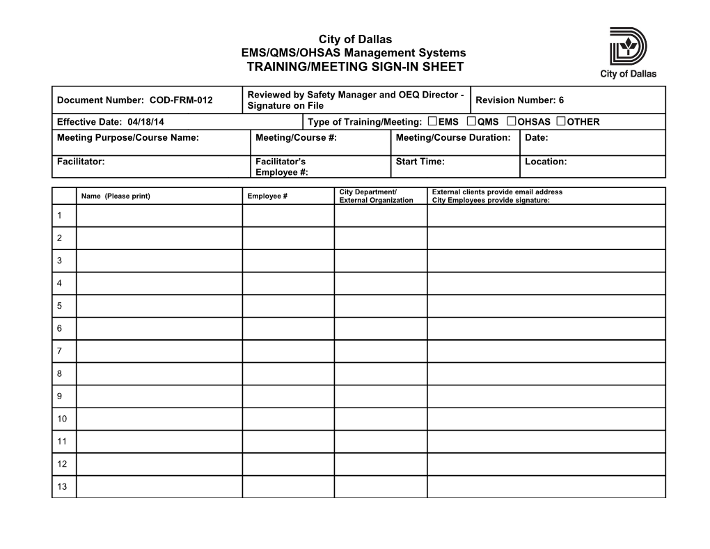 Training/Meeting Sign-In Sheet