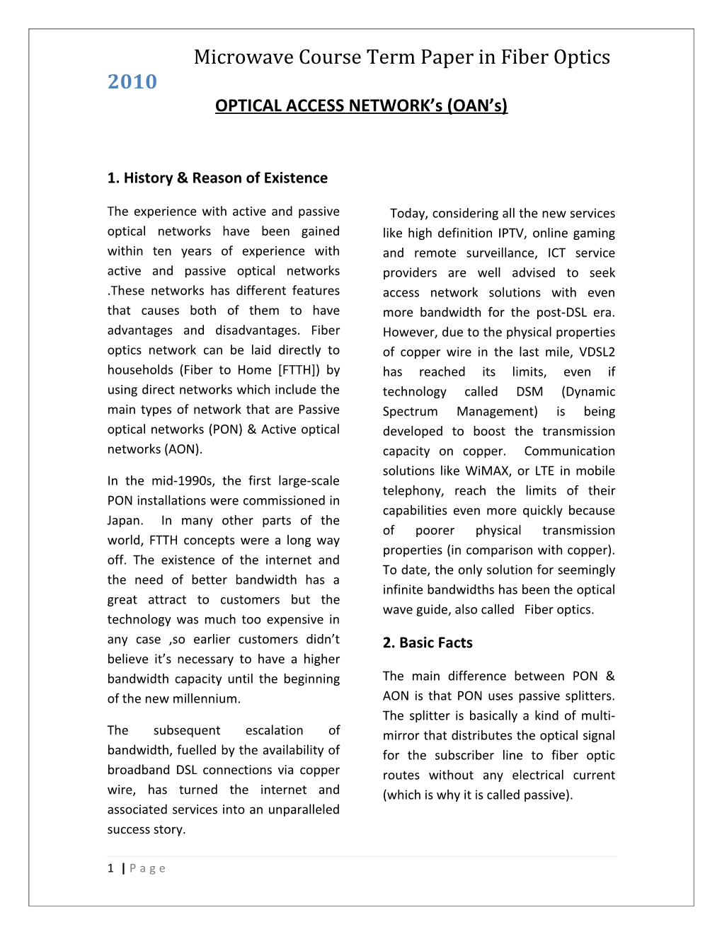 Microwave Course Term Paper in Fiber Optics