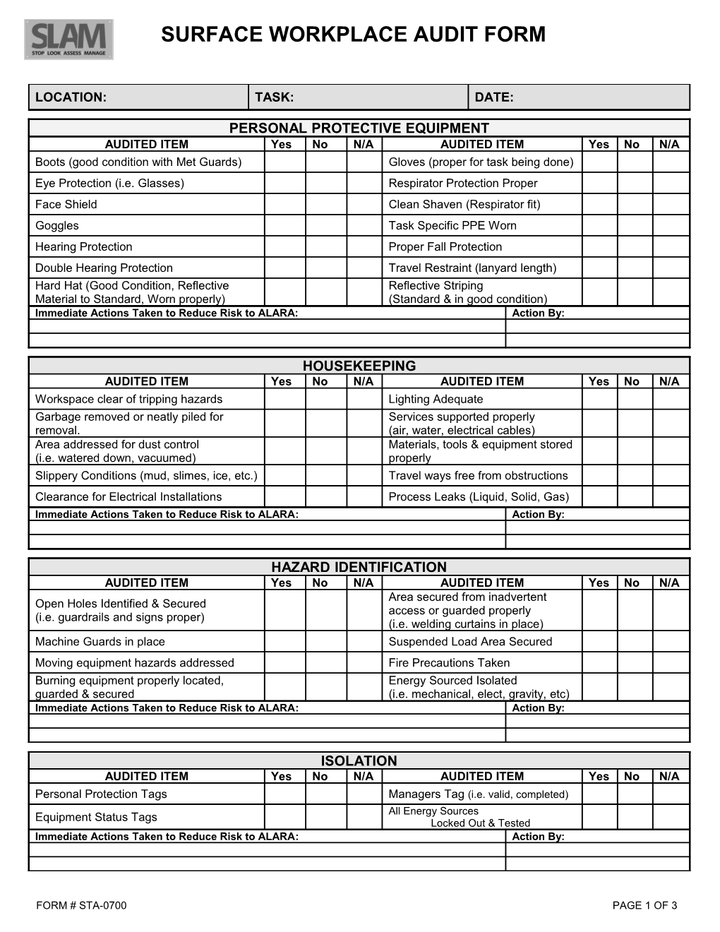 Form # - STA-0443 OPERATING WORKPLACE AUDIT FORM