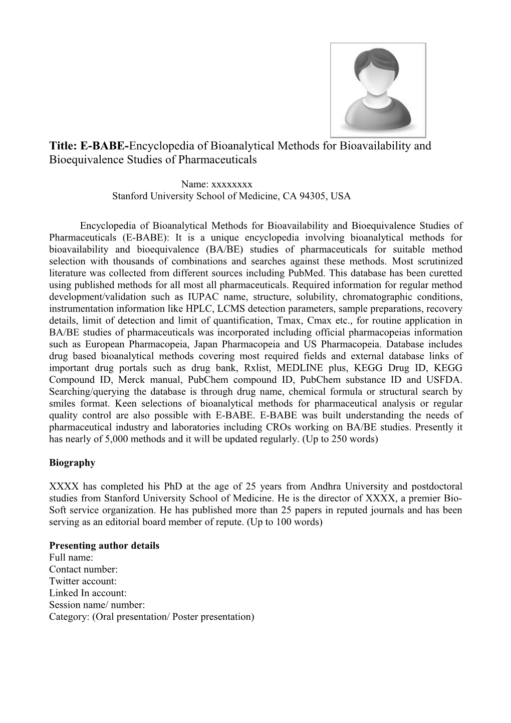 Title: E-BABE-Encyclopedia of Bioanalytical Methods for Bioavailability and Bioequivalence s1