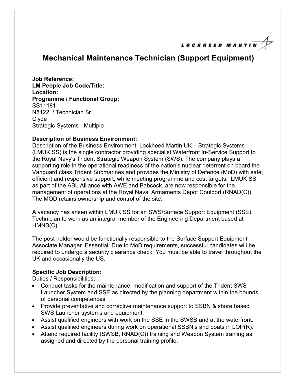 Mechanical Maintenance Technician (Support Equipment)