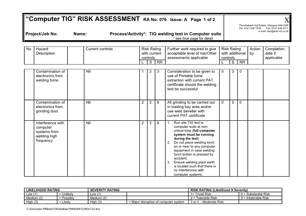 Computer TIG RISK ASSESSMENTRA No: 076 Issue: a Page 1 of 2