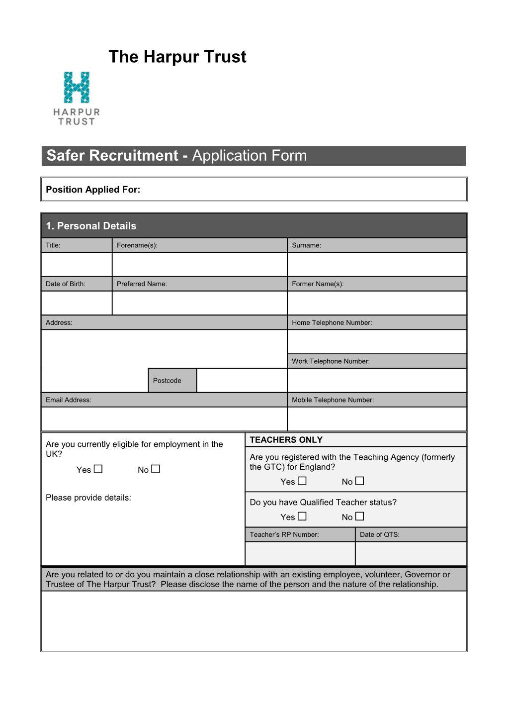 Education Team: Safer Recruitment Pack: Application Form V3.4 Jan-10 s1
