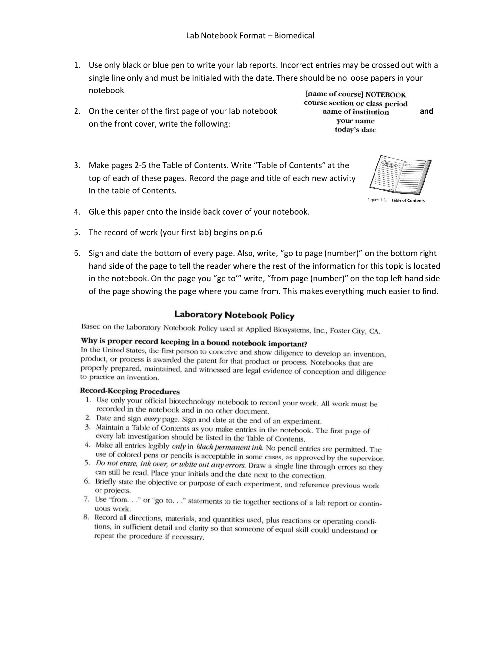 Lab Notebook Format Biomedical