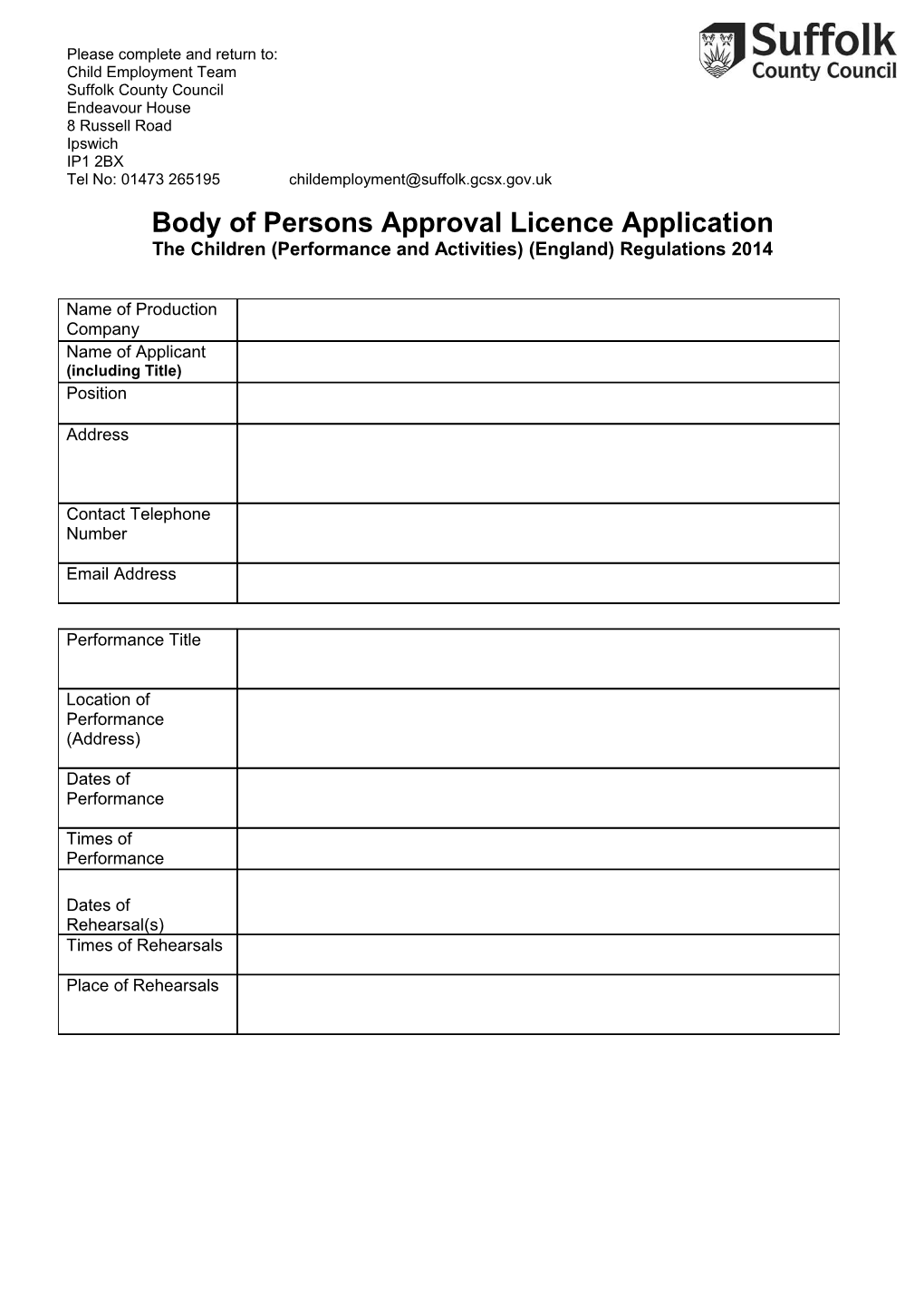 Body of Persons Licence Application Form
