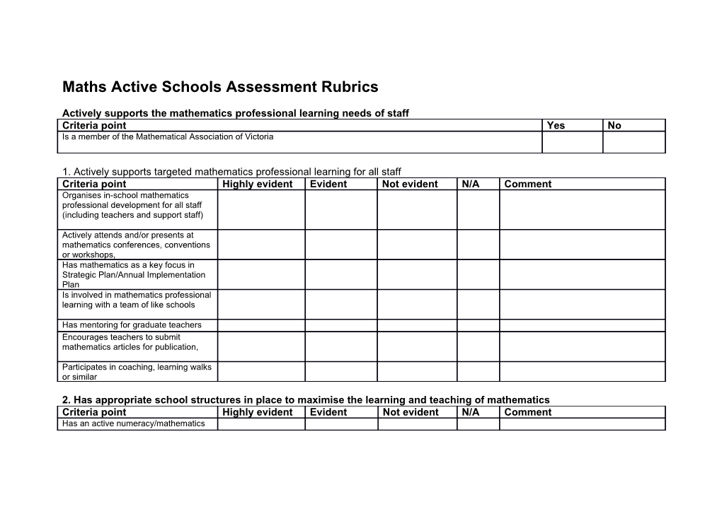Maths Active Schools Assessment Rubrics